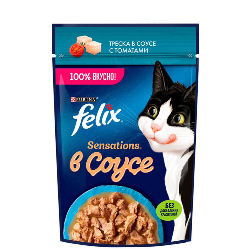 

Felix Sensations Влажный корм (пауч) для взрослых кошек, с треской в соусе с томатами, 75 гр.