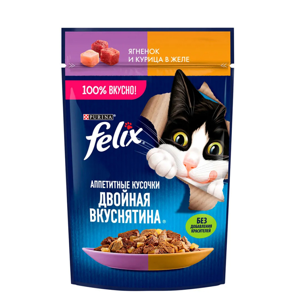

Felix Влажный корм (пауч) для взрослых кошек Двойная вкуснятина, с ягненком и курицей в желе, 75 гр.