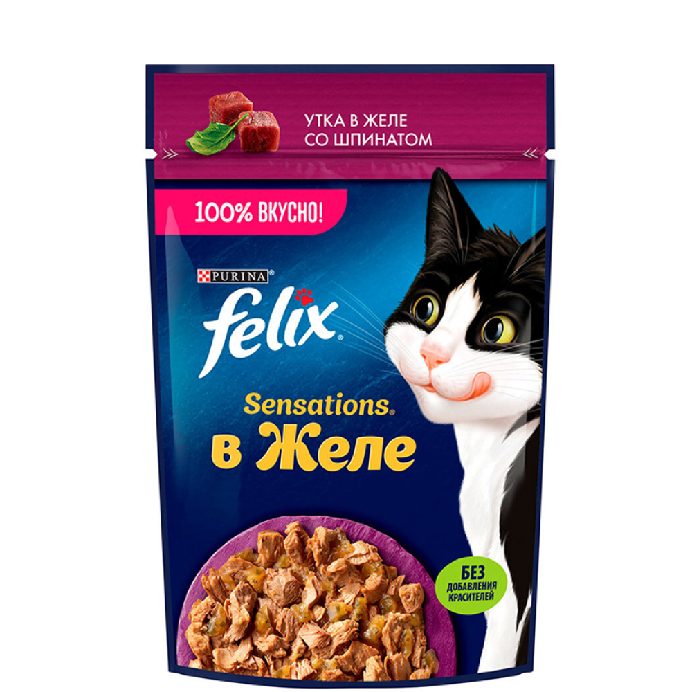 

Felix Sensations Влажный корм (пауч) для взрослых кошек, с уткой в желе со шпинатом, 75 гр.