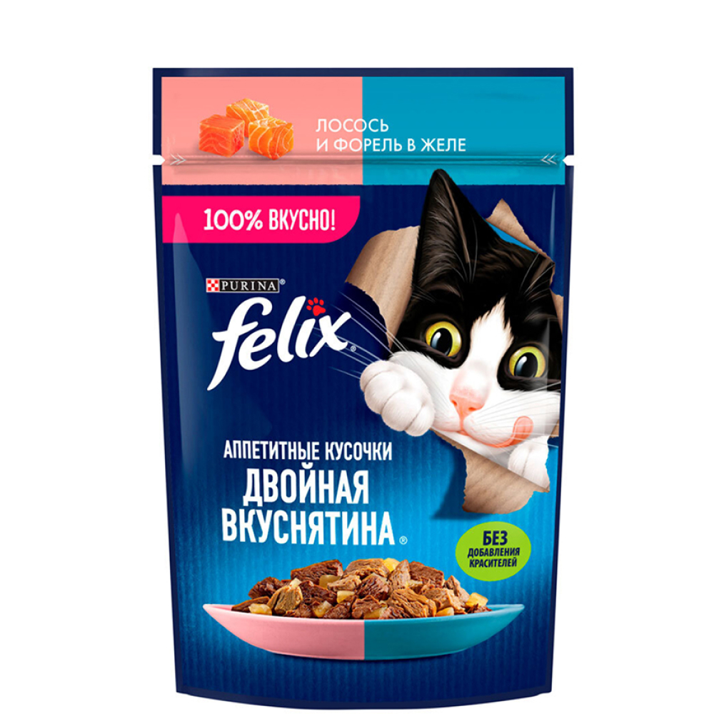 

Felix Влажный корм (пауч) для взрослых кошек Двойная вкуснятина, с лососем и форелью в желе, 75 гр.