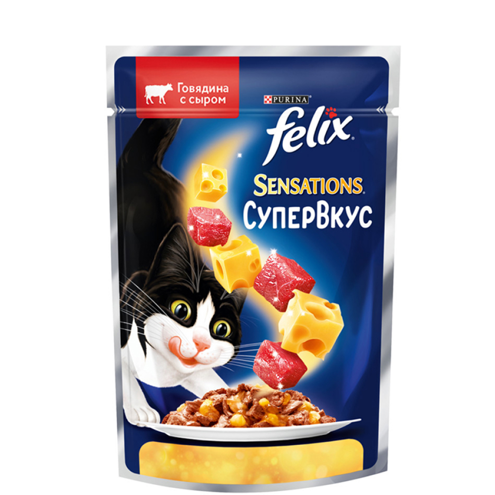 

Felix Sensations Влажный корм (пауч) для взрослых кошек Супервкус, с говядиной и сыром в желе, 75 гр.