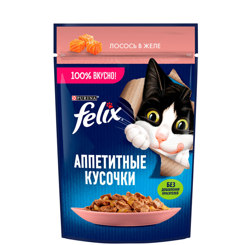 

Felix Влажный корм (пауч) для взрослых кошек Аппетитные кусочки, с лососем в желе, 75 гр.
