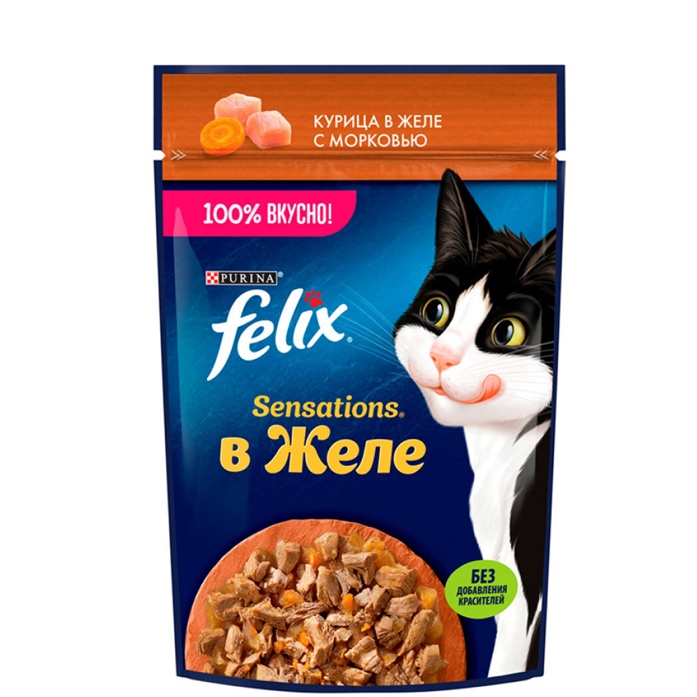

Felix Sensations Влажный корм (пауч) для взрослых кошек, с курицей в желе с морковью, 75 гр.