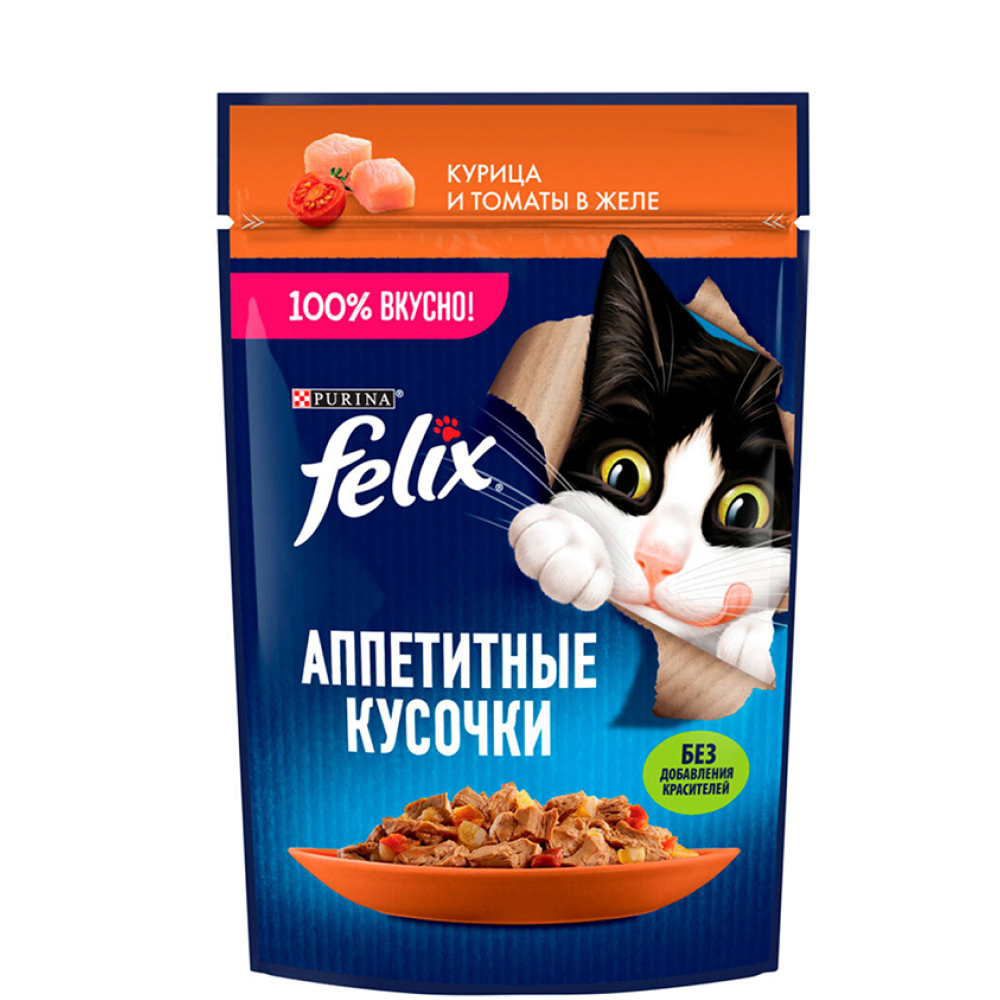 

Felix Влажный корм (пауч) для взрослых кошек Аппетитные кусочки, с курицей и томатами в желе, 75 гр.
