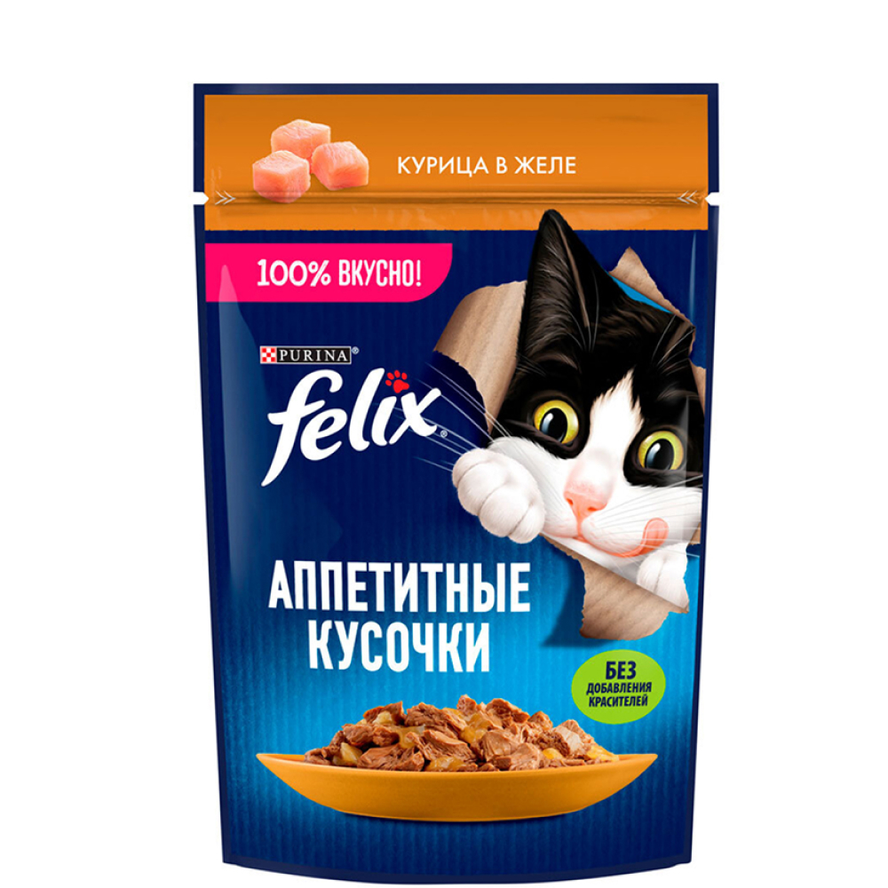 

Felix Влажный корм (пауч) для взрослых кошек Аппетитные кусочки, с курицей в желе, 75 гр.