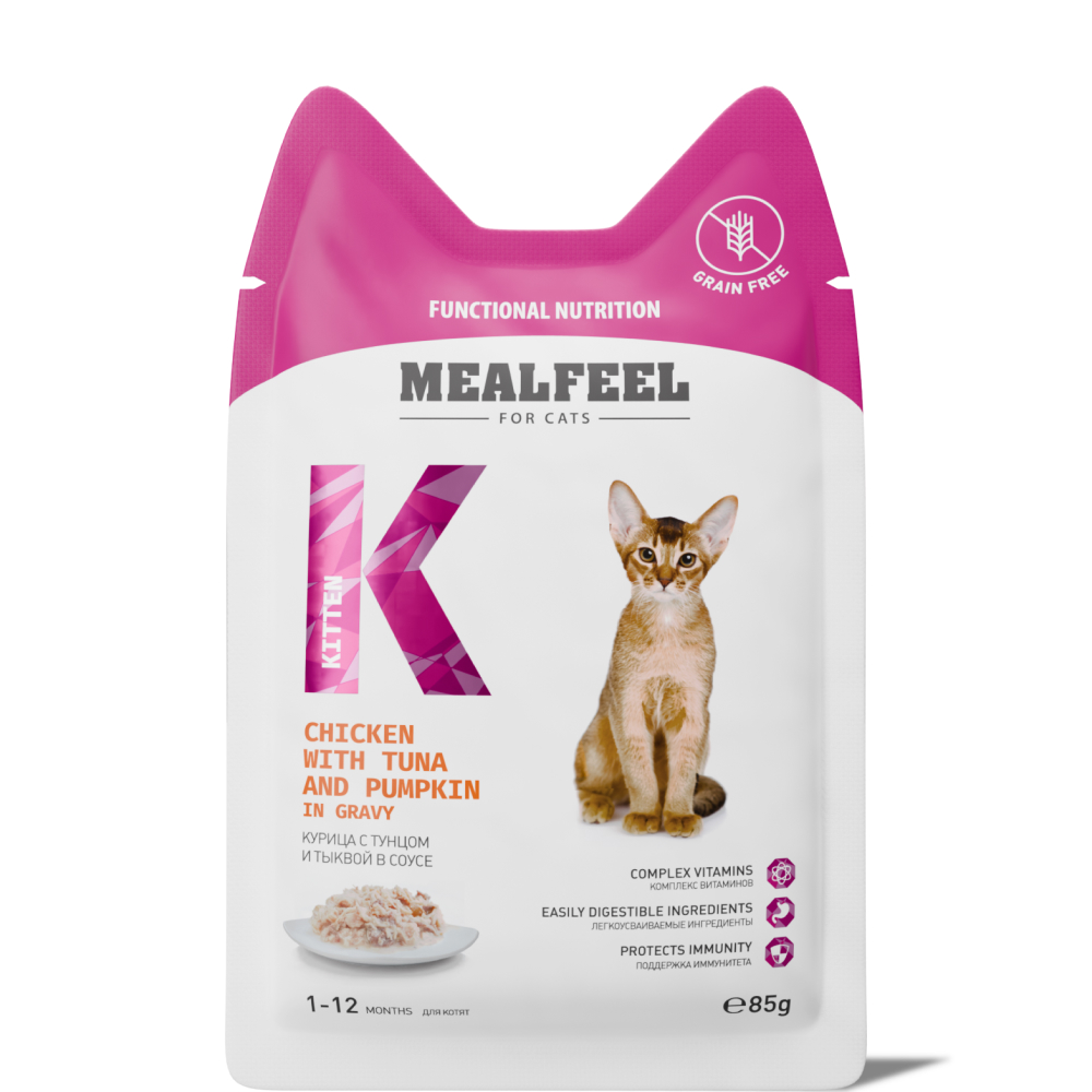 

Mealfeel Kitten Влажный корм (пауч) для котят, с тунцом и тыквой в соусе, 85 гр.