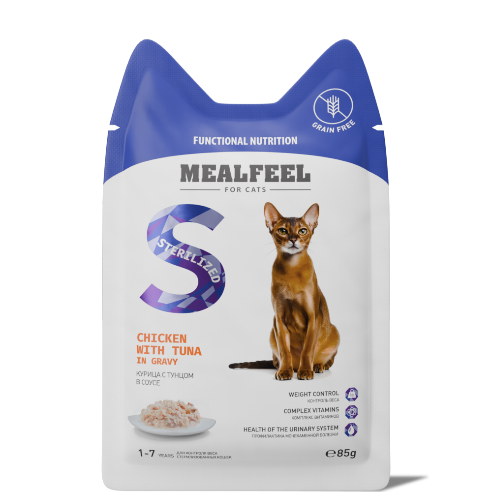 

Mealfeel Sterilized Влажный корм (пауч) для стерилизованных кошек, курица с тунцом в соусе, 85 гр.