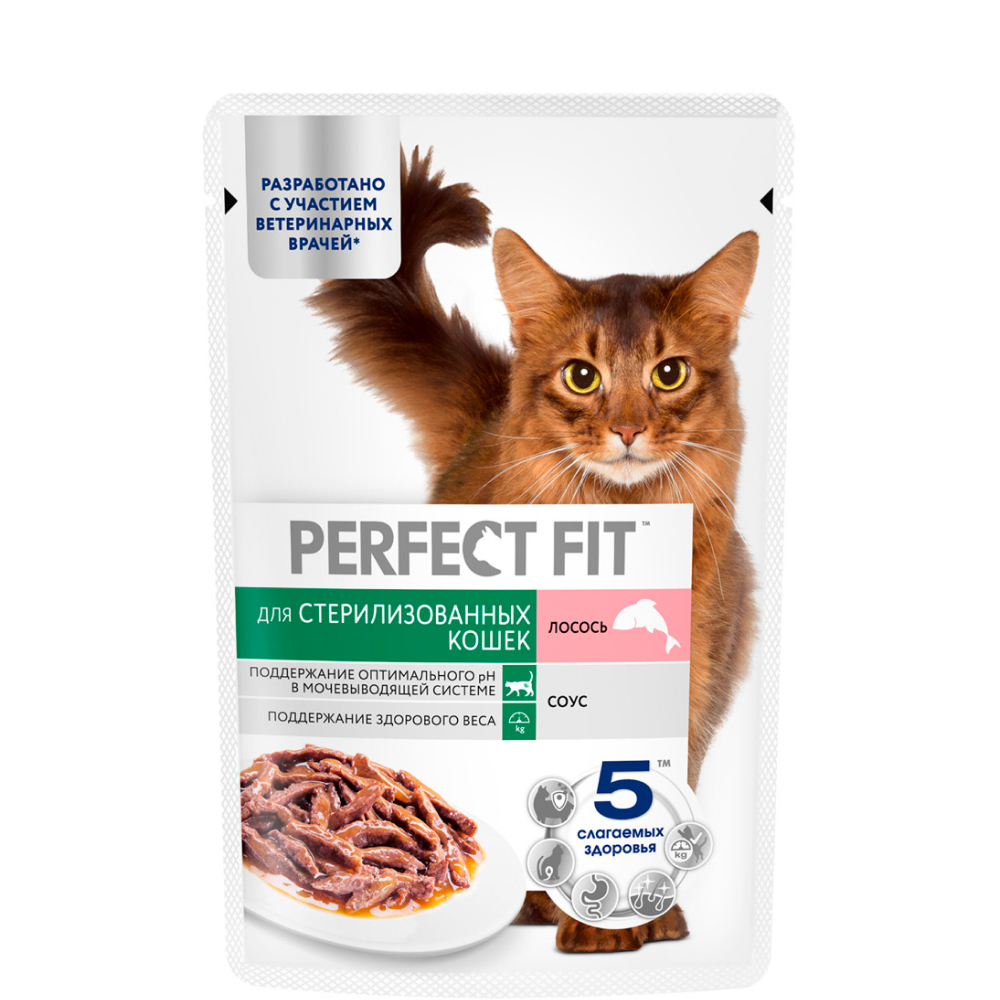 

Perfect Fit Влажный корм (пауч) для стерилизованных кошек, с лососем в соусе, 75 гр.