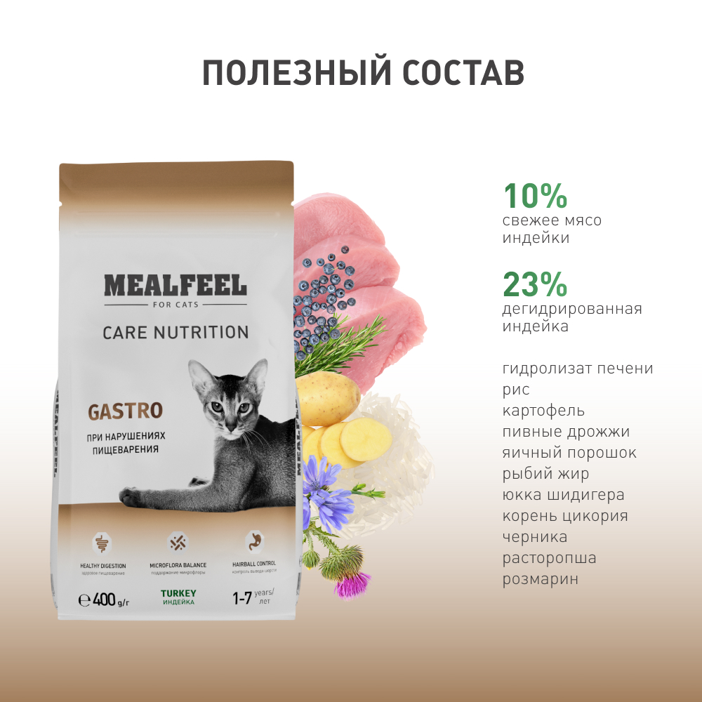 

Mealfeel Care Nutrition Gastro Сухой корм для поддержания здоровья пищеварительной системы взрослых кошек, с индейкой, 400 гр.