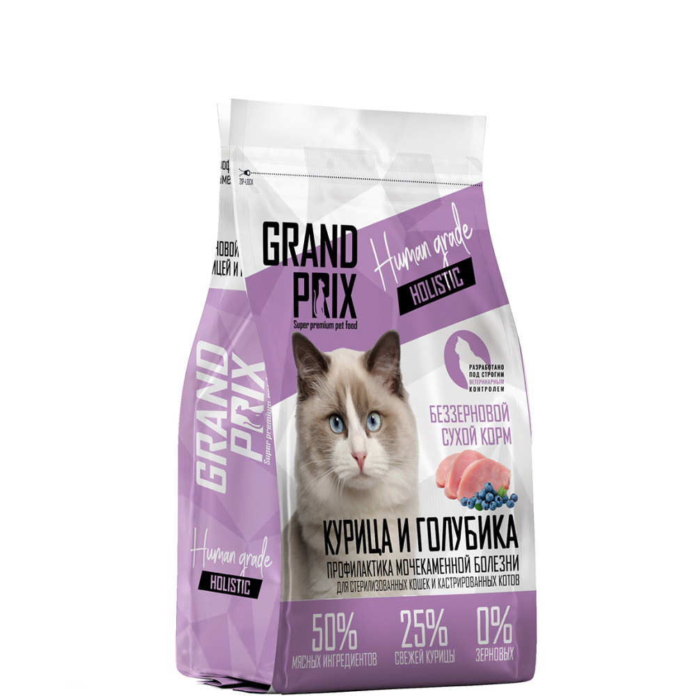 

Grand Prix Holistic Grain Free Сухой корм для профилактики МКБ у стерилизованных кошек, с курицей и голубикой, 300 гр.