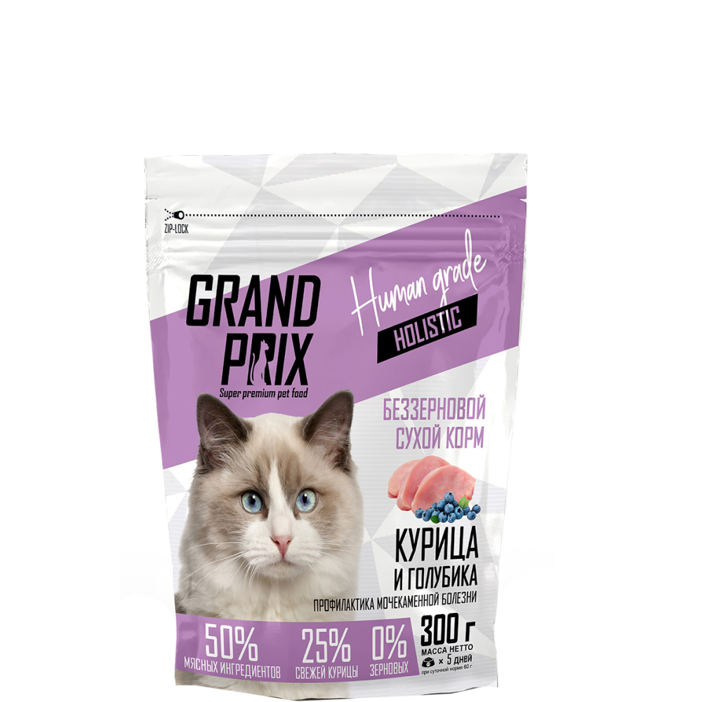 

Grand Prix Holistic Grain Free Сухой корм для профилактики МКБ у стерилизованных кошек, с курицей и голубикой, 300 гр.