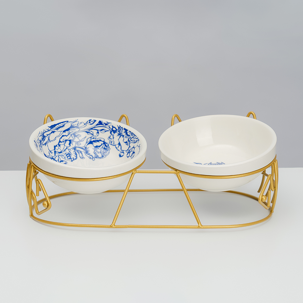 

RURRI Миска с ушками керамическая двойная на подставке для кошек и собак, 2x250 мл, бело-голубой