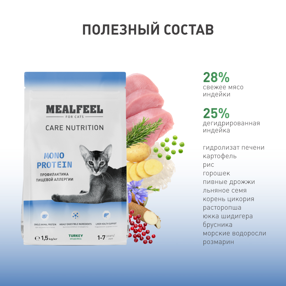 

Mealfeel Care Nutrition Mono Protein Сухой корм полнорационный монопротеиновый для взрослых кошек, с индейкой, 1,5 кг