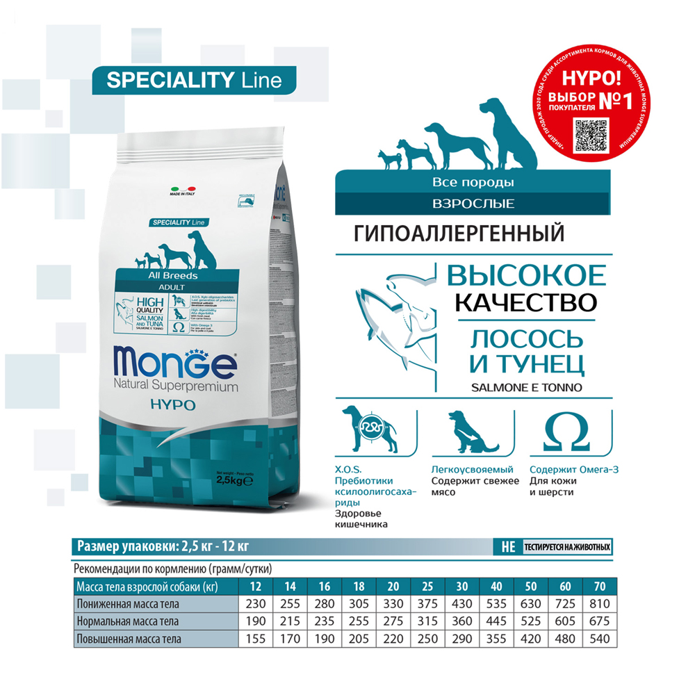 

Monge All Breeds Hypoallergenic Сухой корм для взрослых собак склонных к аллергическим реакциям и расстройствам пищеварения, с лососем и тунцом, 12 кг
