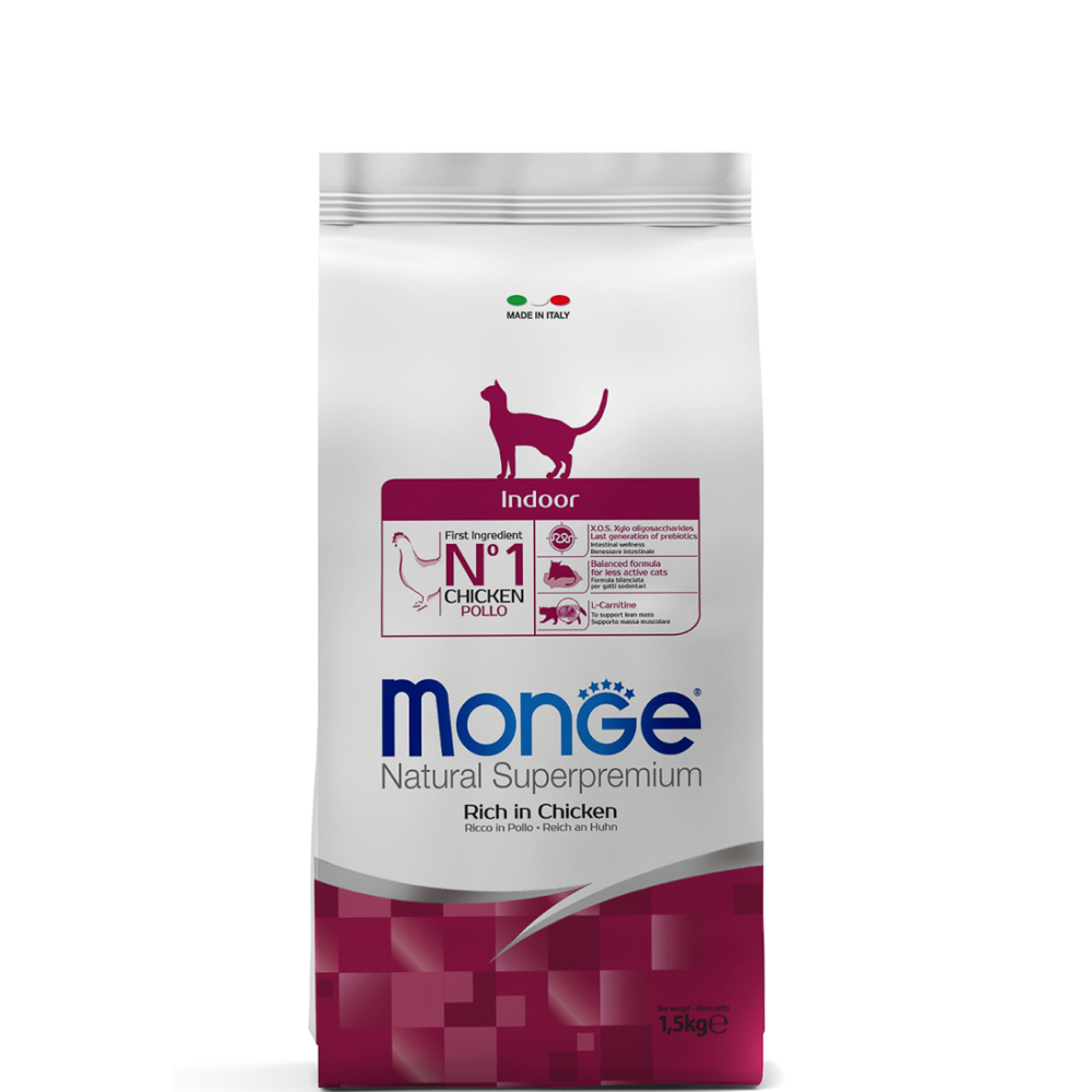 

Monge Indoor Сухой корм для домашних кошек с низкой физической активностью, с курицей, 1,5 кг