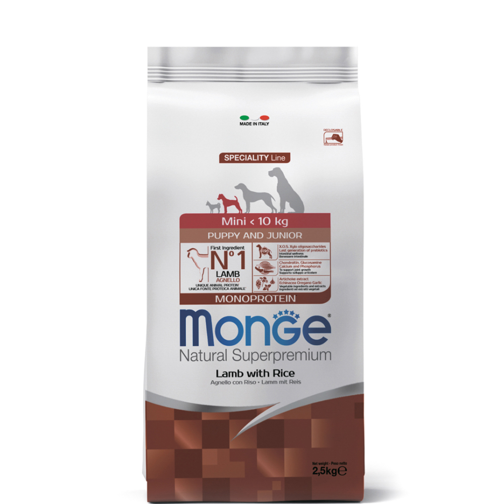 

Monge Mini Puppy and Junior Monoprotein Сухой корм для щенков мелких пород, с ягненком и рисом, 2,5 кг