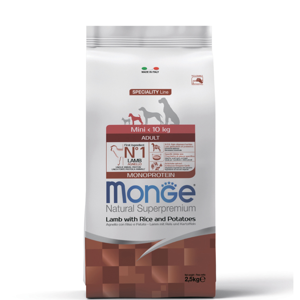 

Monge Mini Adult Monoprotein Сухой корм для взрослых собак мелких пород, с ягненком, рисом и картофелем, 2,5 кг