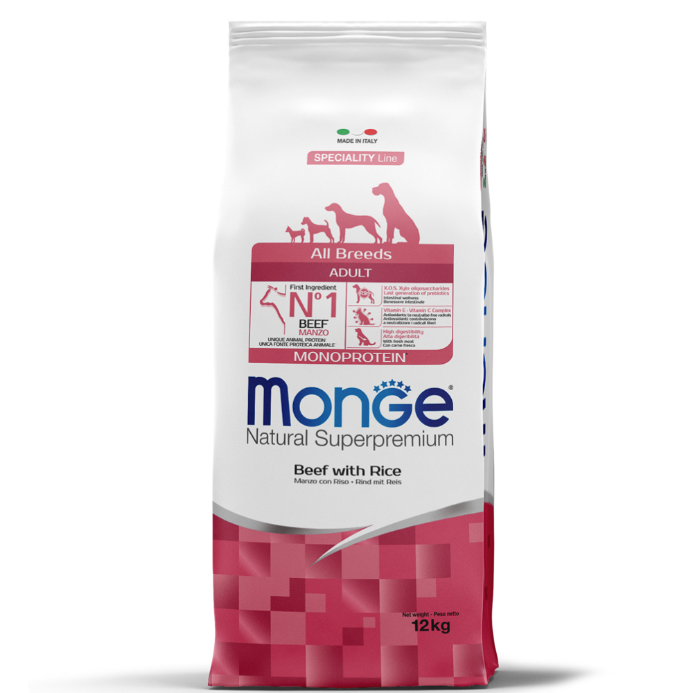

Monge All Breeds Adult Monoprotein Сухой корм для взрослых собак всех пород, с говядиной и рисом, 12 кг