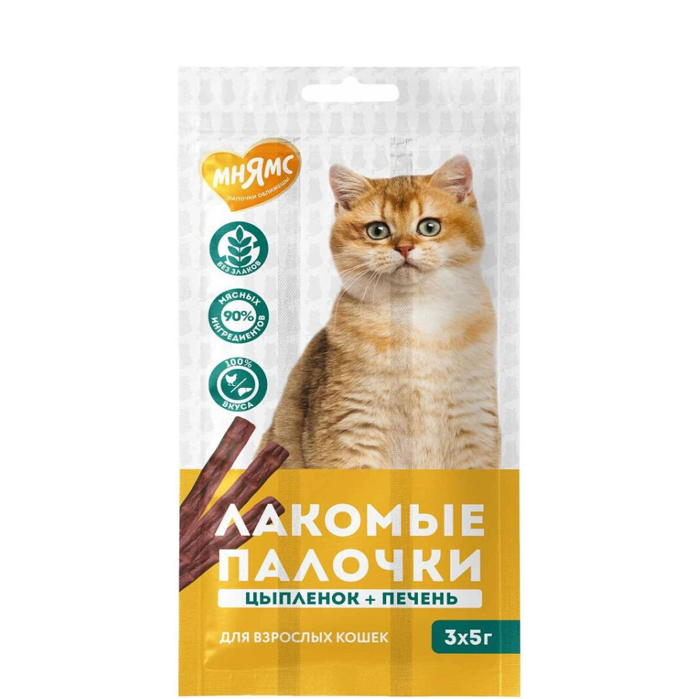

Мнямс Лакомство Палочки с цыпленком и печенью для кошек, 3х5 гр.
