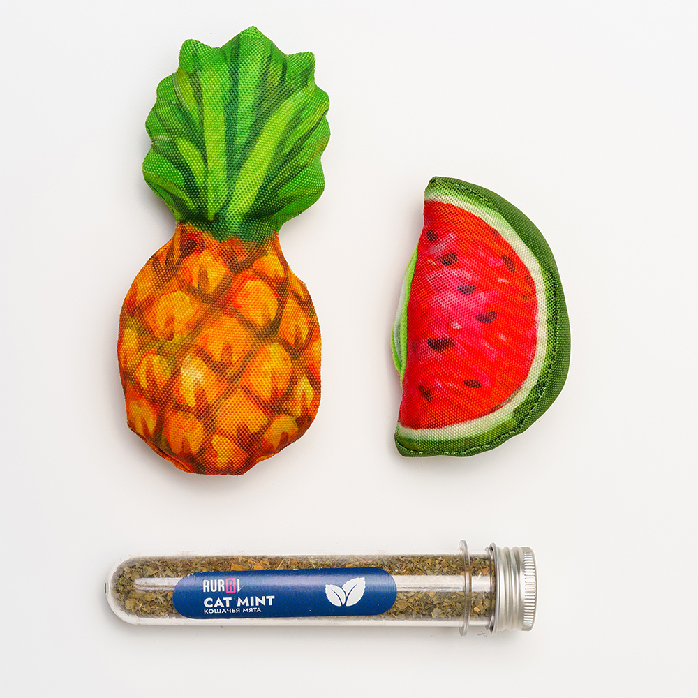 

RURRI Игрушка для кошек Ананас и Арбуз, ананас 7х4х15 см, арбуз 6х5х9 см, Разноцветный