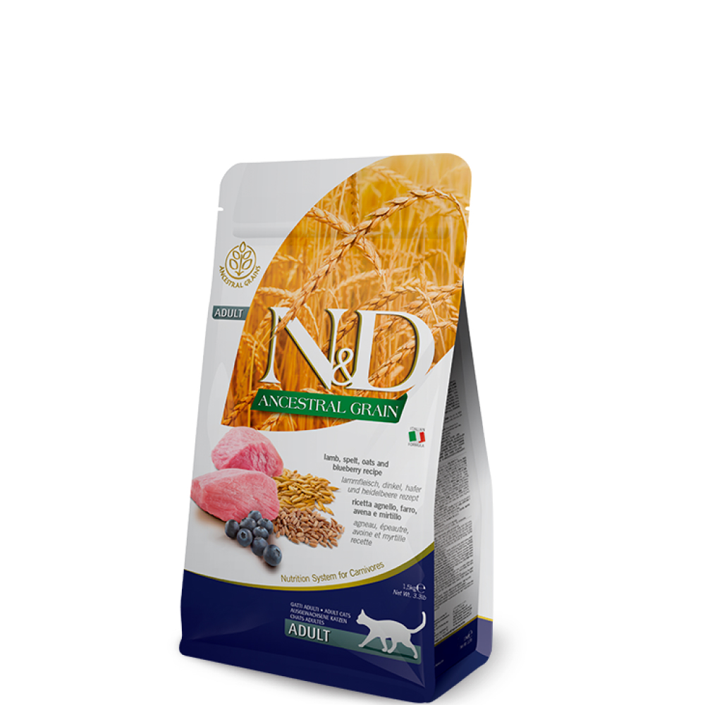 

Farmina N&D Ancestral Grain Сухой корм для взрослых котов и кошек, ягненок, спельта, овес и черника, 1,5 кг
