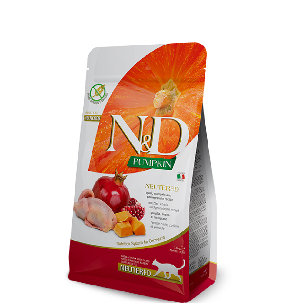 

Farmina N&D PUMPKIN Сухой корм для стерилизованных кошек и кастрированных котов, с перепелом, тыквой и гранатом, 1,5 кг