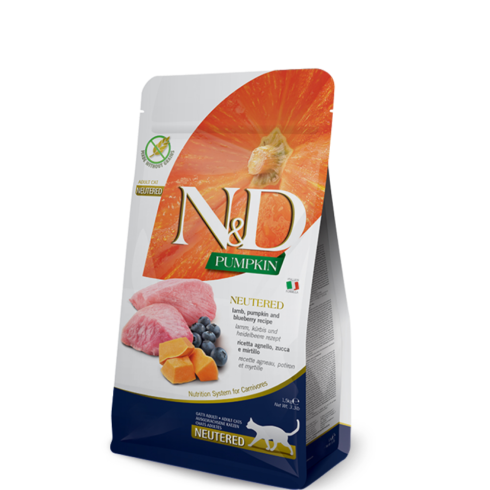 

Farmina N&D PUMPKIN Сухой корм для стерилизованных кошек и кастрированных котов, с ягненком, тыквой и черникой, 1,5 кг