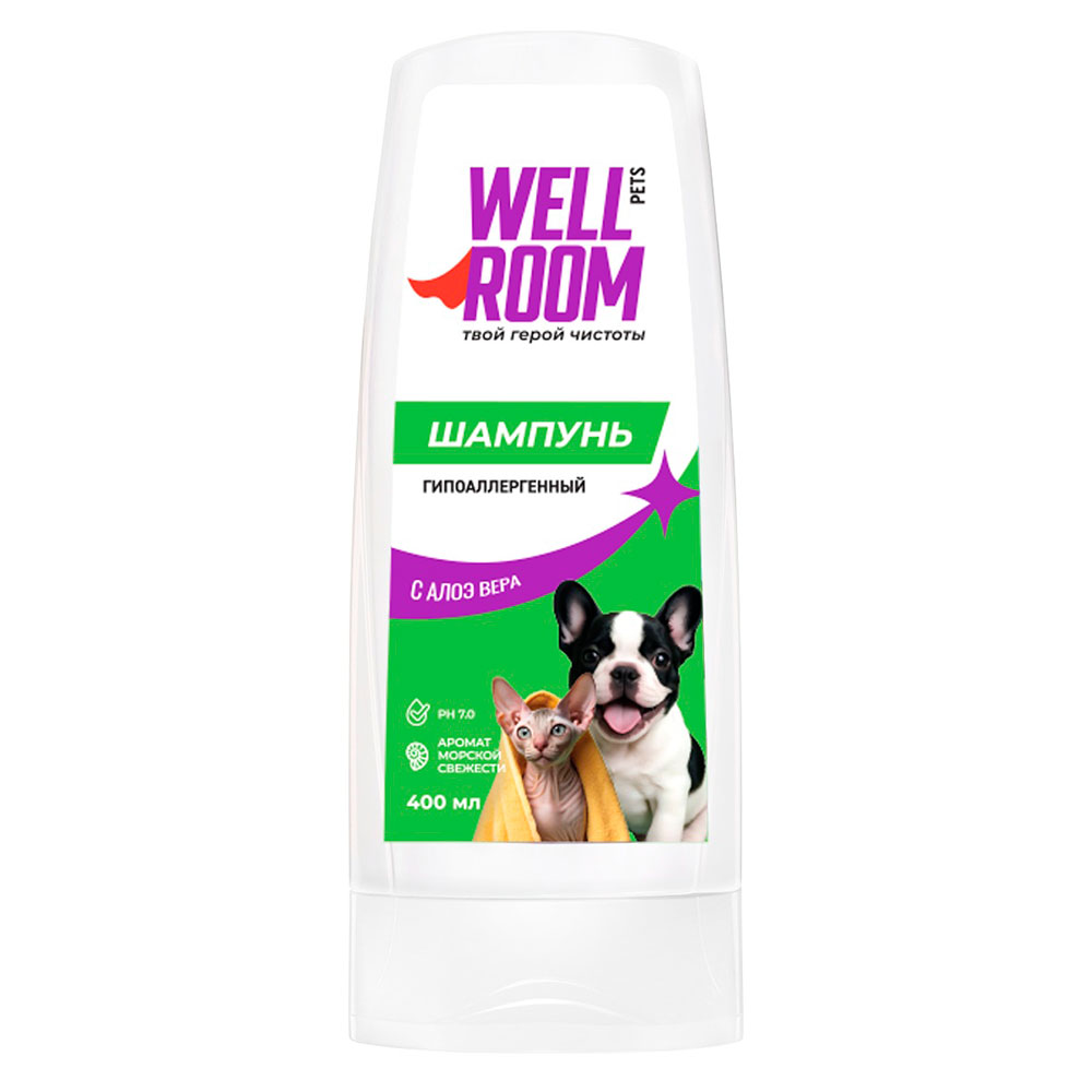

WELLROOM Гипоаллергенный шампунь-бальзам для животных с алое вера, подходит для котят и щенят, 400 мл