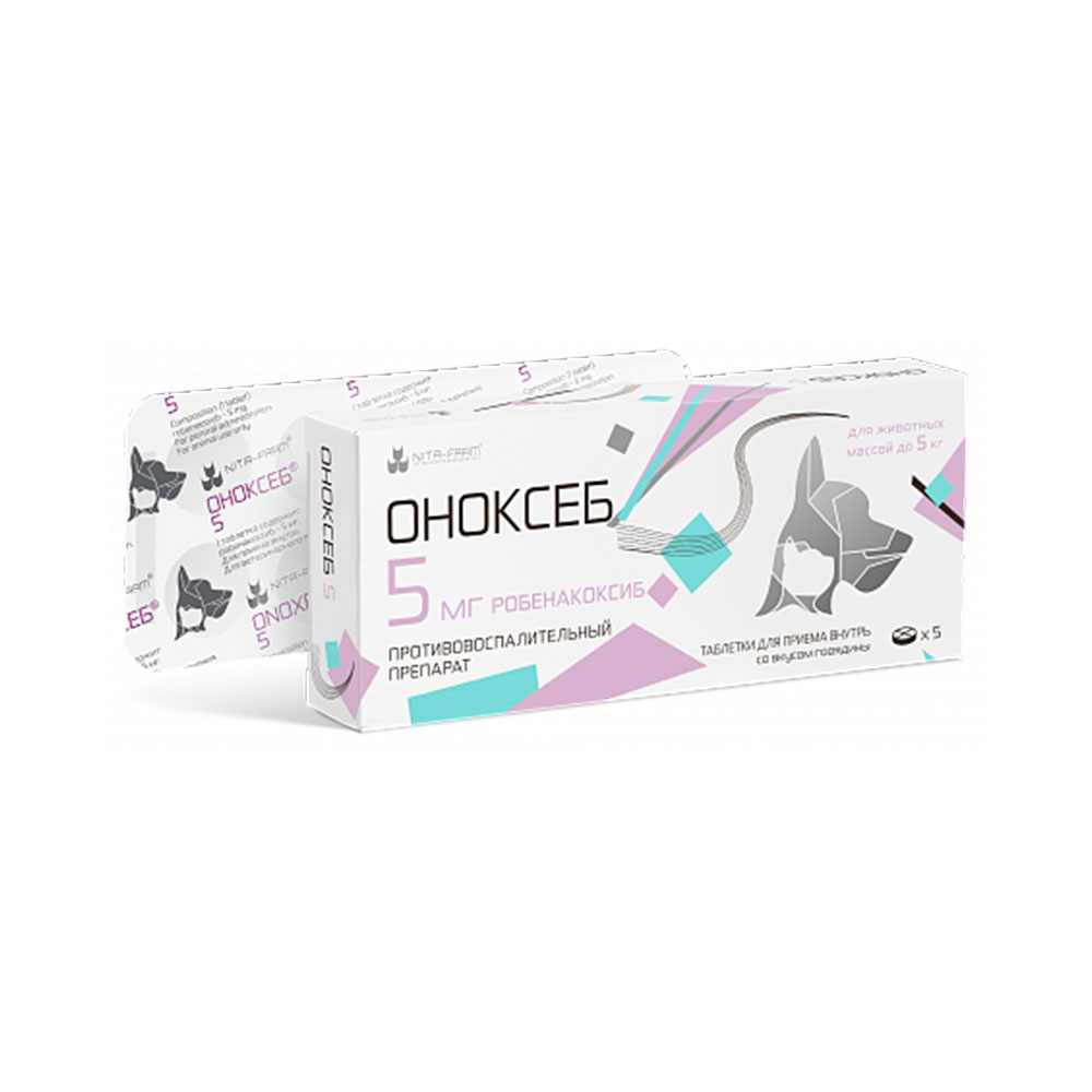 

Nita-farm Оноксеб Нестероидный противовоспалительный препарат для кошек и собак 5 мг, 5 таблеток