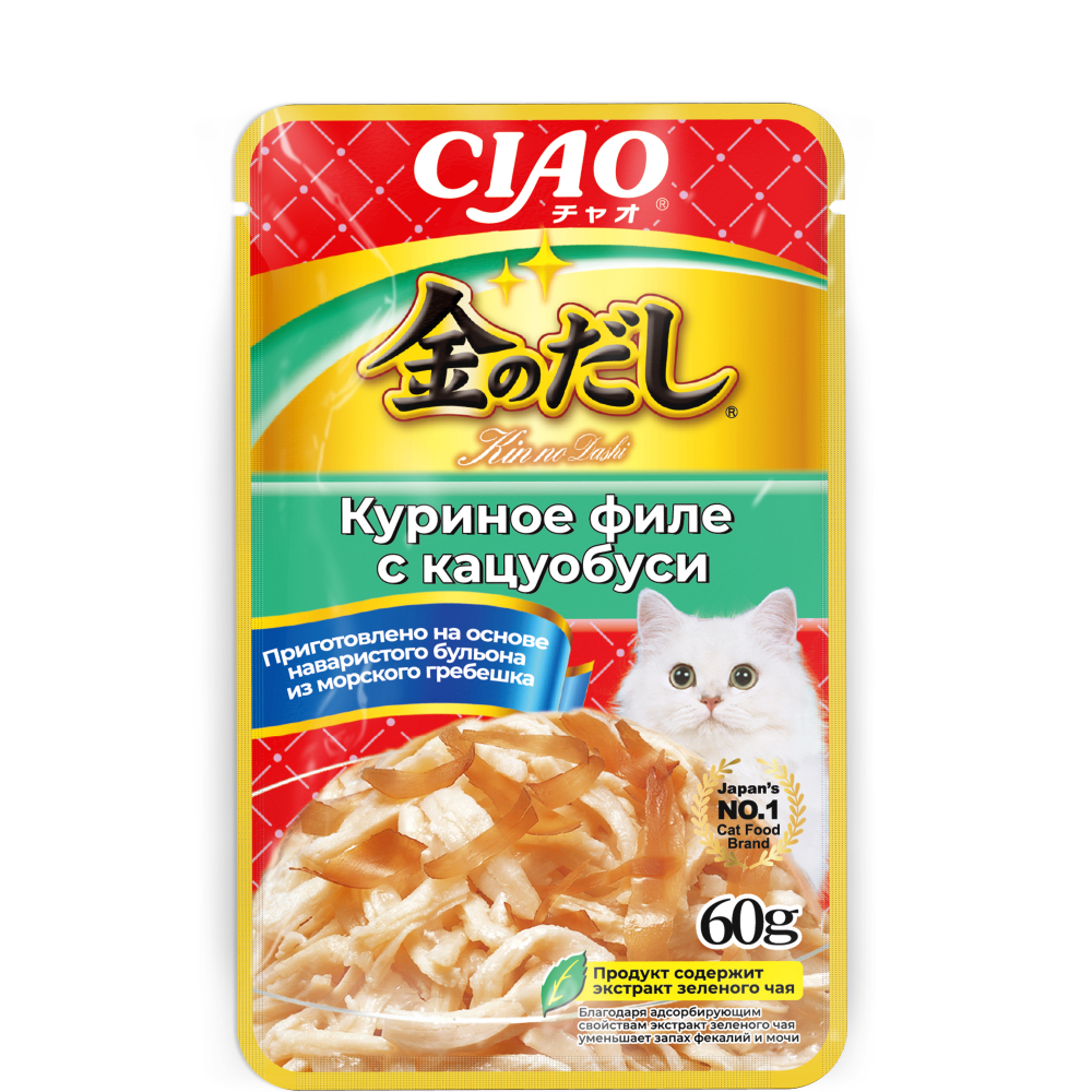 

INABA CIAO Kinnodashi Влажный корм (пауч) для кошек, куриное филе с кацуобуси в желе, 60 гр.