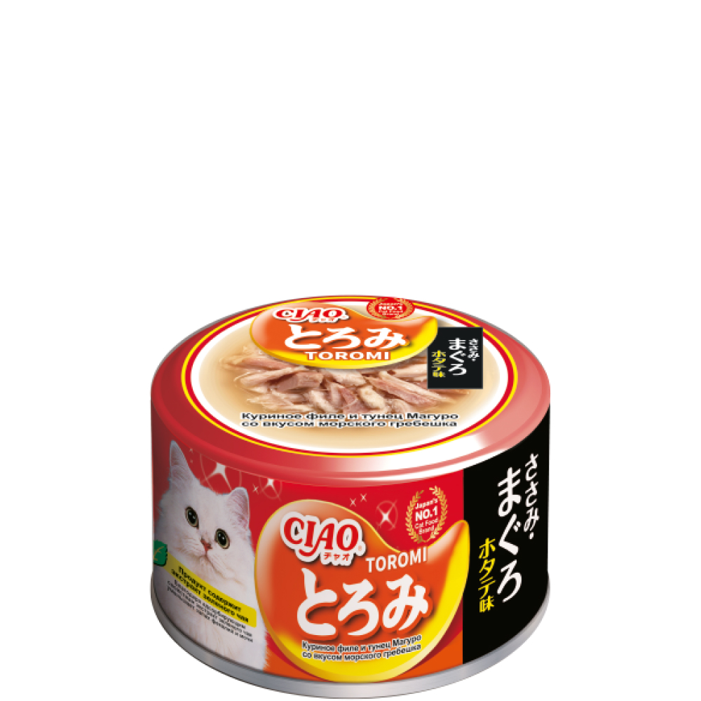 

INABA CIAO Toromi Влажный корм (консервы) для кошек, куриное филе и тунец магуро со вкусом морского гребешка в бульоне, 80 гр.