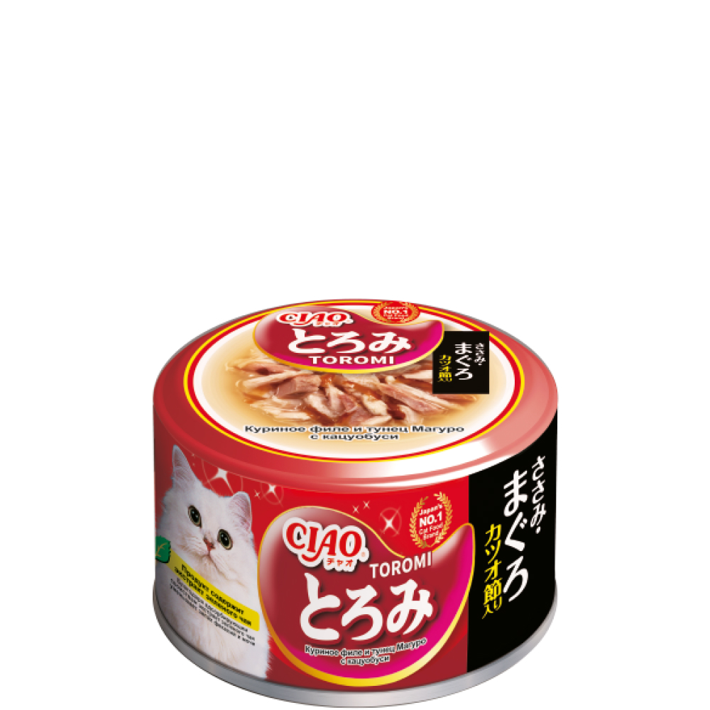 

INABA CIAO Toromi Влажный корм (консервы) для кошек, куриное филе и тунец магуро с кацуобуси в бульоне, 80 гр.