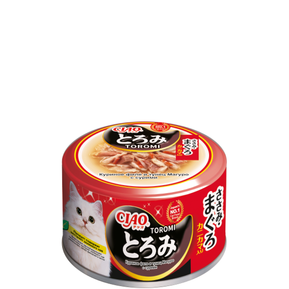 

INABA CIAO Toromi Влажный корм (консервы) для кошек, куриное филе и тунец магуро с сурими в бульоне, 80 гр.