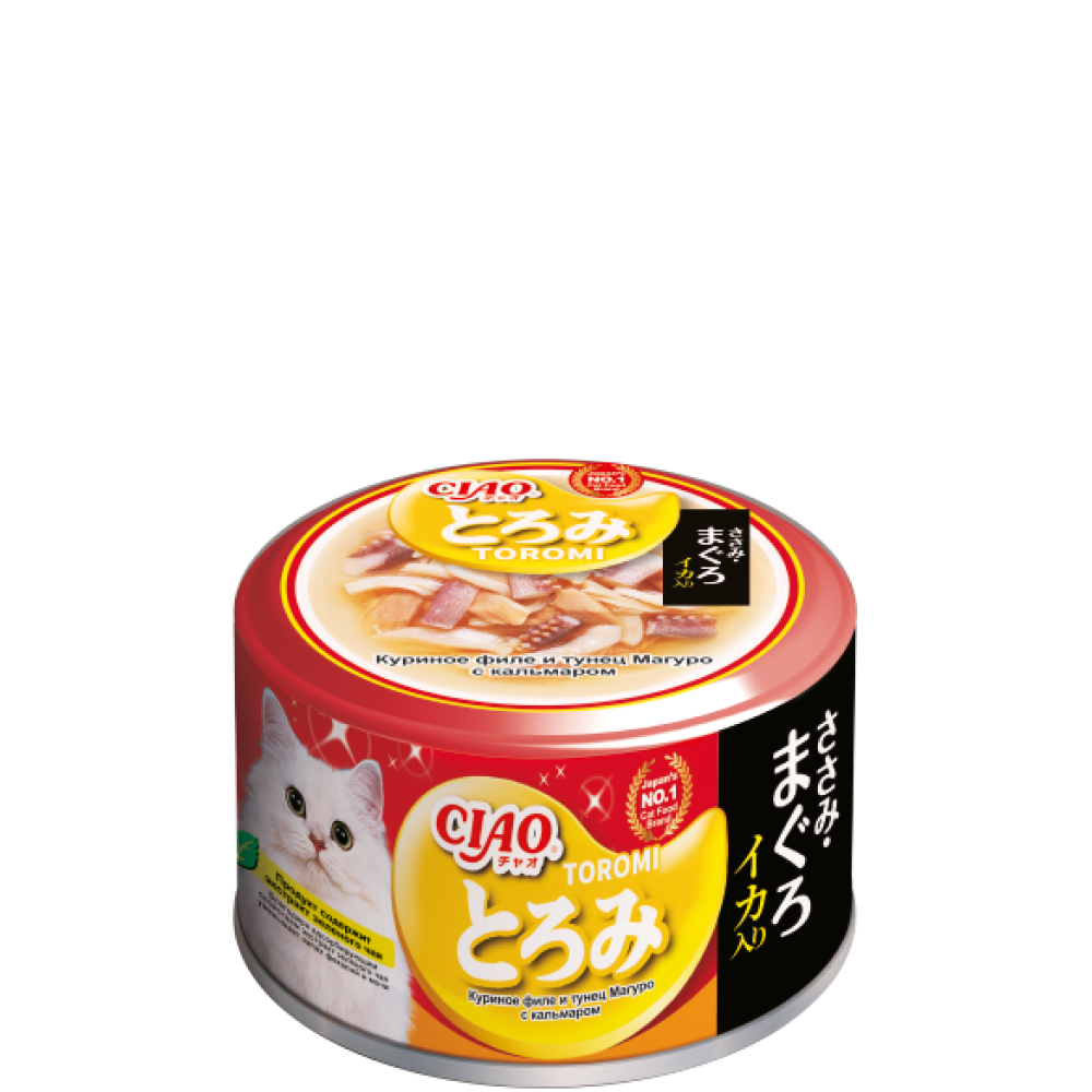 

INABA CIAO Toromi Влажный корм (консервы) для кошек, куриное филе и тунец магуро с кальмаром в бульоне, 80 гр.