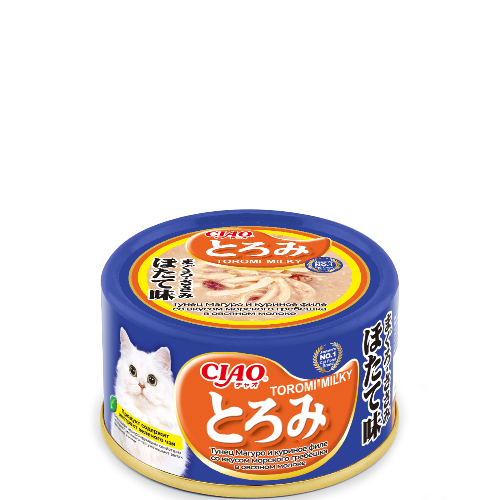 

INABA CIAO Toromi Влажный корм (консервы) для кошек, тунец магуро, куриное филе со вкусом морского гребешка в овсяном молоке, 80 гр.