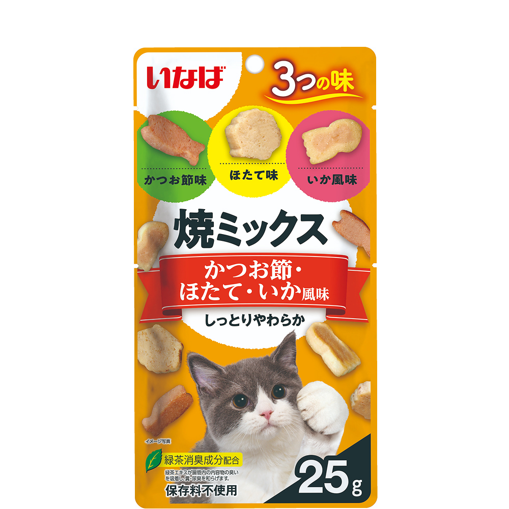 

INABA CIAO Лакомство Yaki miksu Запеченное ассорти cо вкусом кацуобуси, морского гребешка и кальмара для кошек, 25 гр.