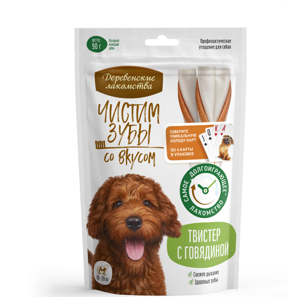 

Деревенские лакомств Лакомство Чистим зубы Твистер с говядиной для собак средних пород, 90 гр.