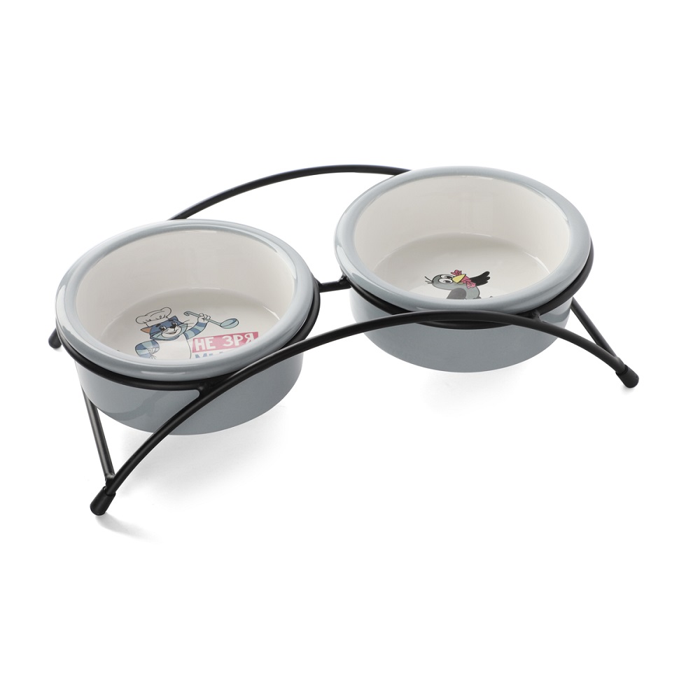 

Triol Миска керамическая двойная на подставке для кошек и собак Матроскин и Галчонок, 2х250 мл, серый