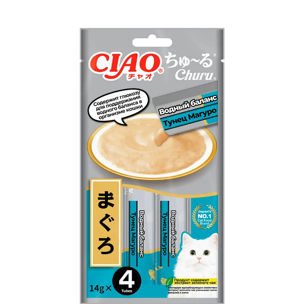 

INABA CIAO Лакомство-пюре Churu Водный баланс Тунец Магуро для кошек, 4х14 гр.