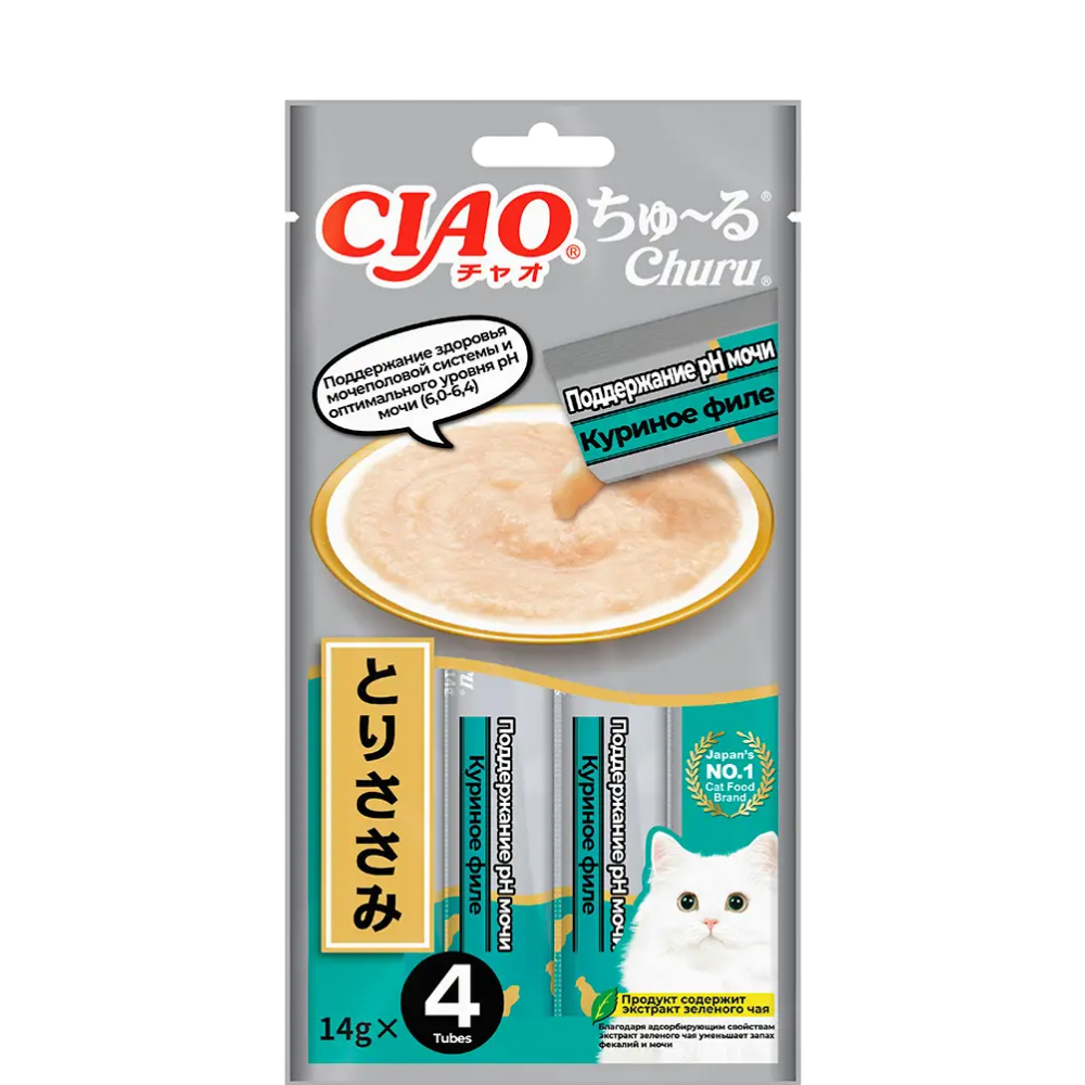 

INABA CIAO Лакомство-пюре Churu Поддержание Ph мочи Куриное филе для кошек, 4х14 гр.