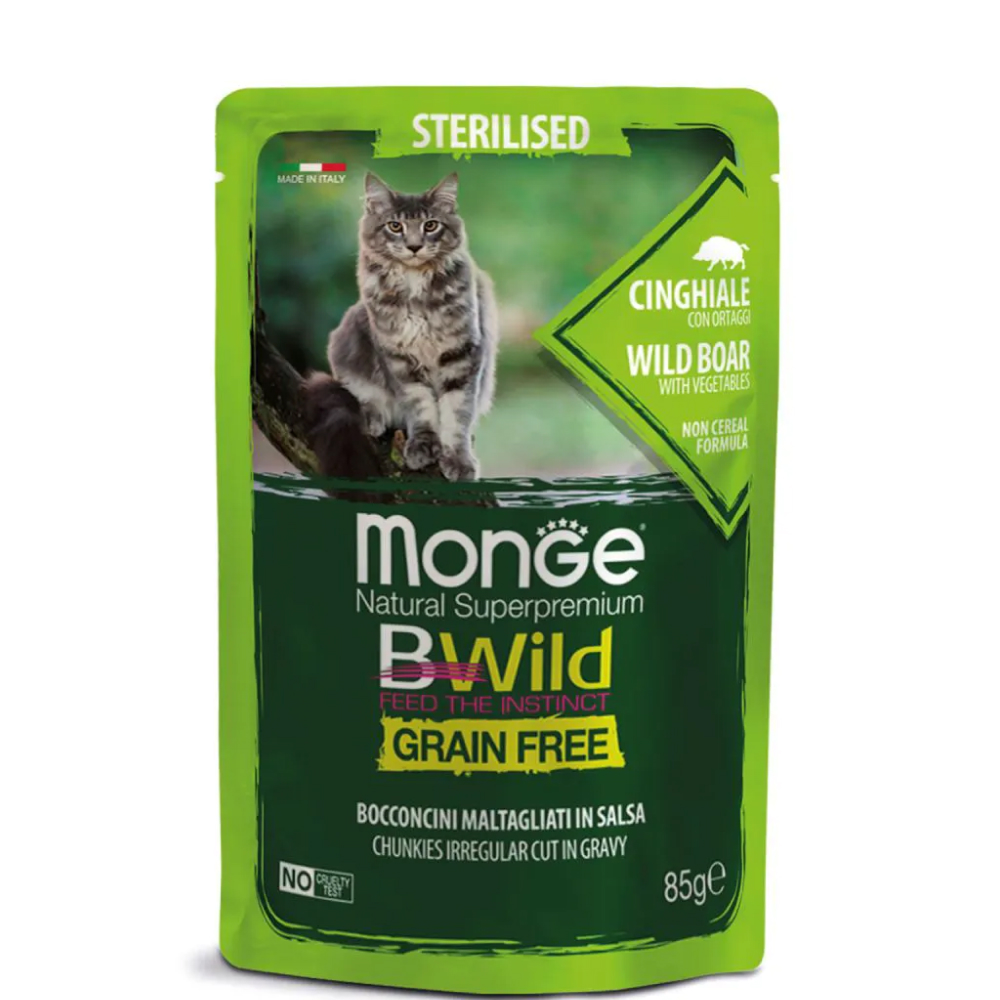 

Monge BWild Grain Free Влажный корм (пауч) для стерилизованных кошек, с мясом дикого кабана и овощами, 85 гр.