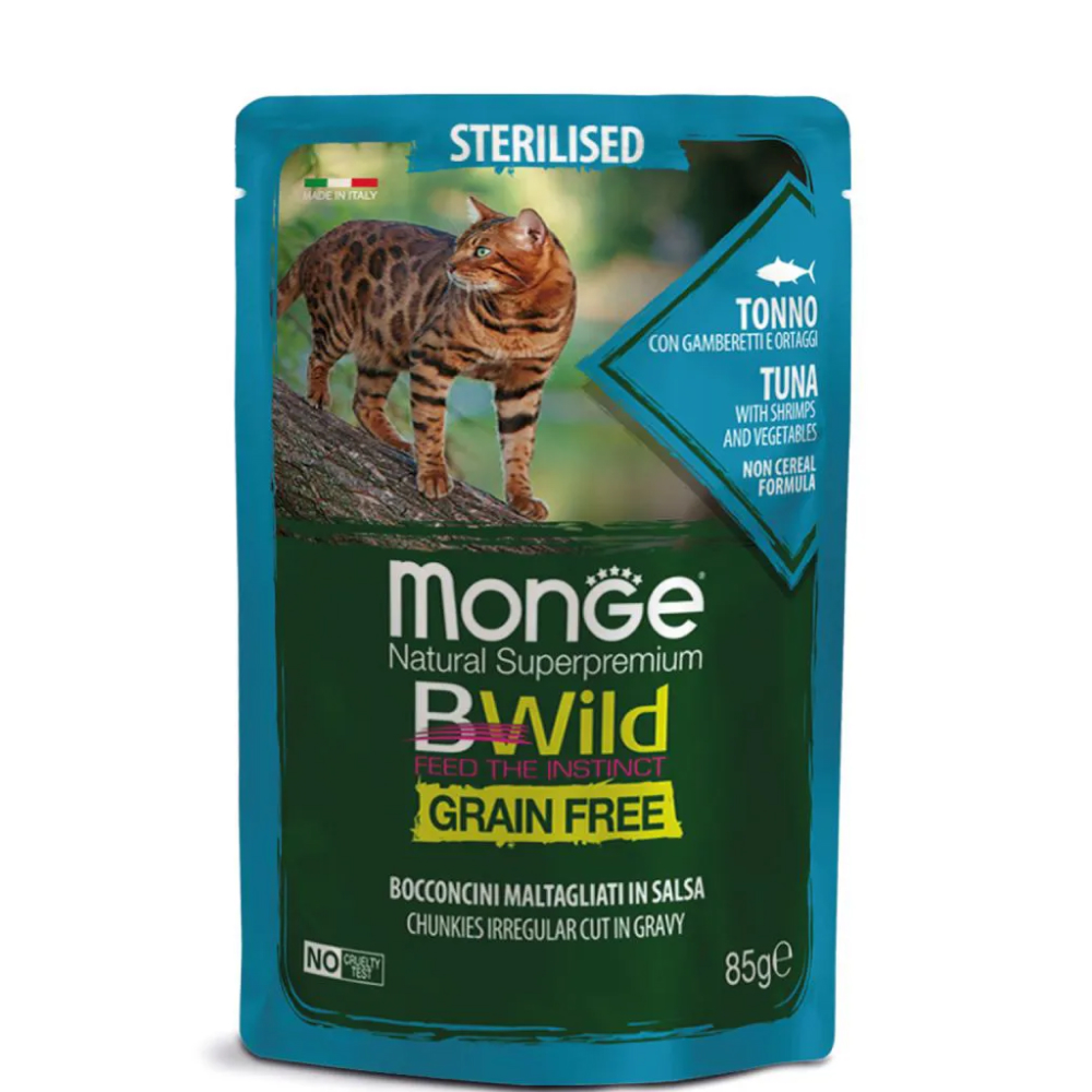 

Monge BWild Grain Free Влажный корм (пауч) для стерилизованных кошек, с тунцом, креветками и овощами, 85 гр.