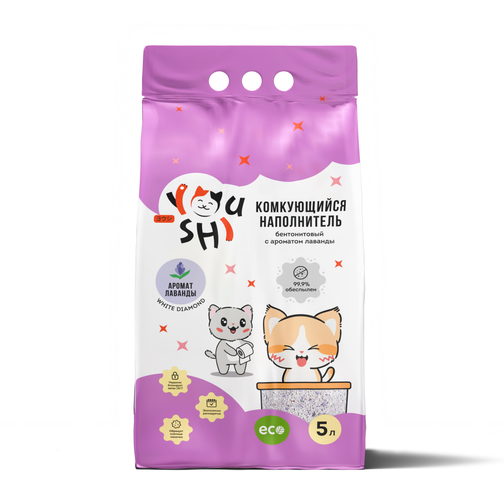 Youshi Наполнитель комкующийся из белой бентонитовой глины, с ароматом лаванды, 5 л