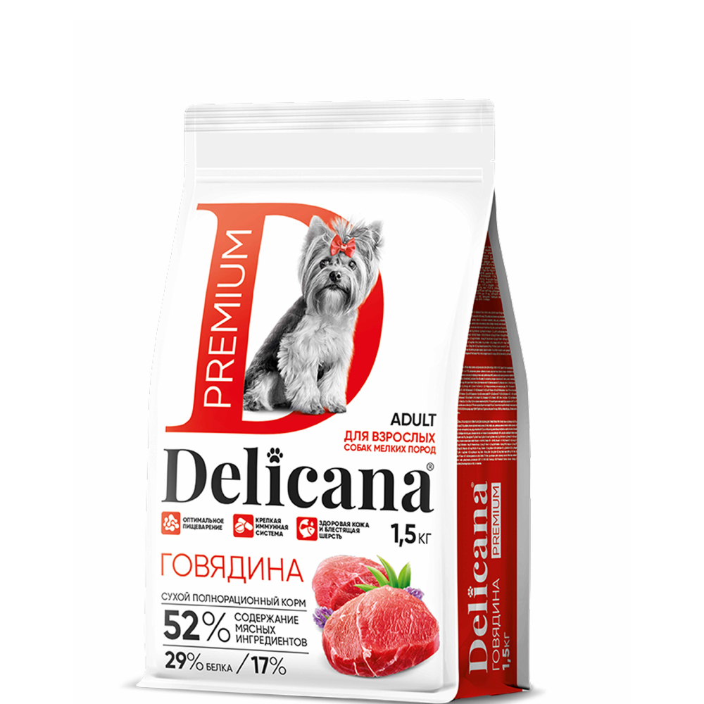 

DELICANA Premium Сухой корм для взрослых собак мелких пород, со вкусом говядины, 1,5 кг
