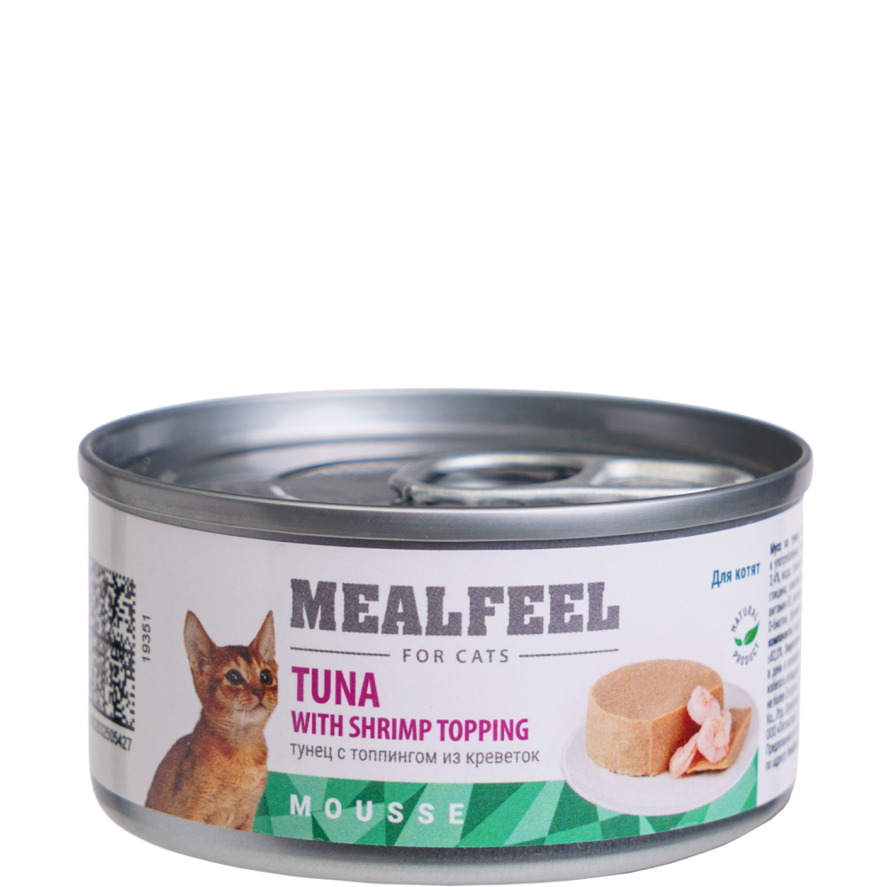 

Mealfeel Влажный корм (консервы) для котят, мусс из тунца с топпингом из креветки, 85 гр.