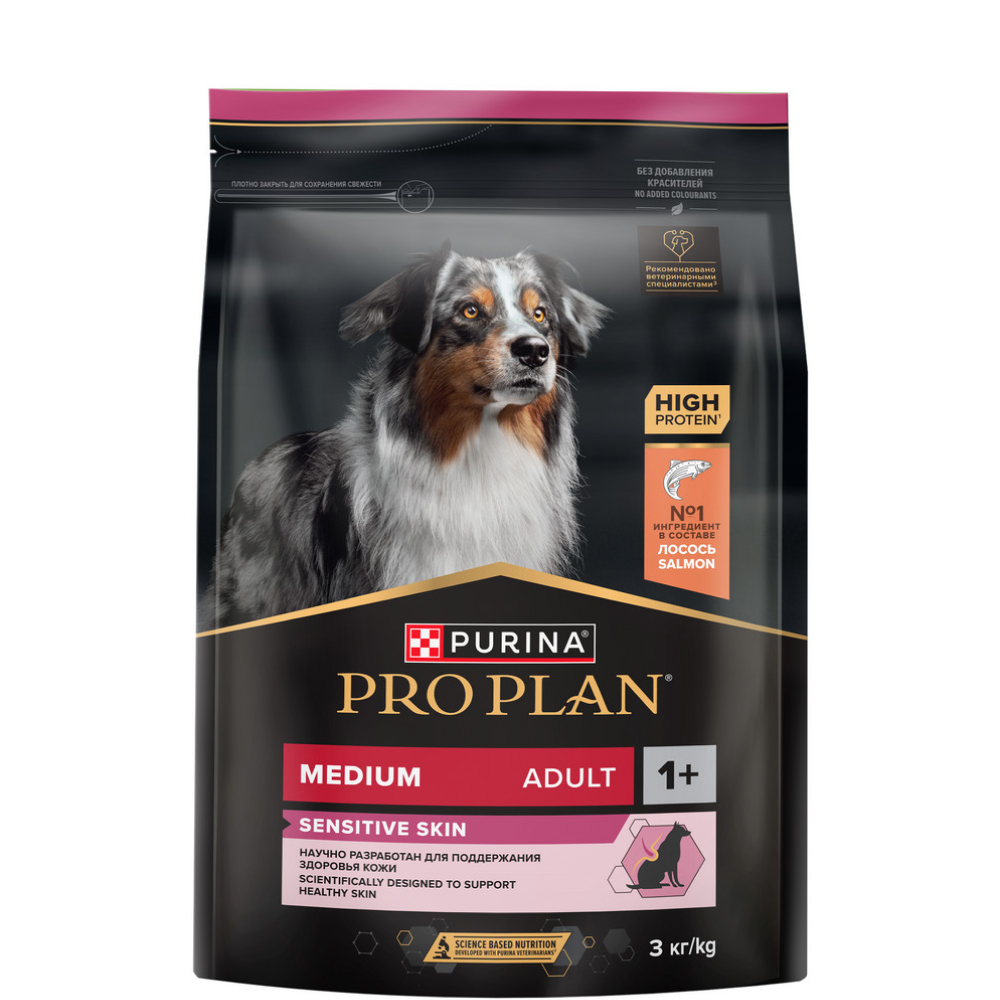ProPlan Sensitive Skin Сухой корм для взрослых собак средних пород с чувствительной кожей, с высоким содержанием лосося