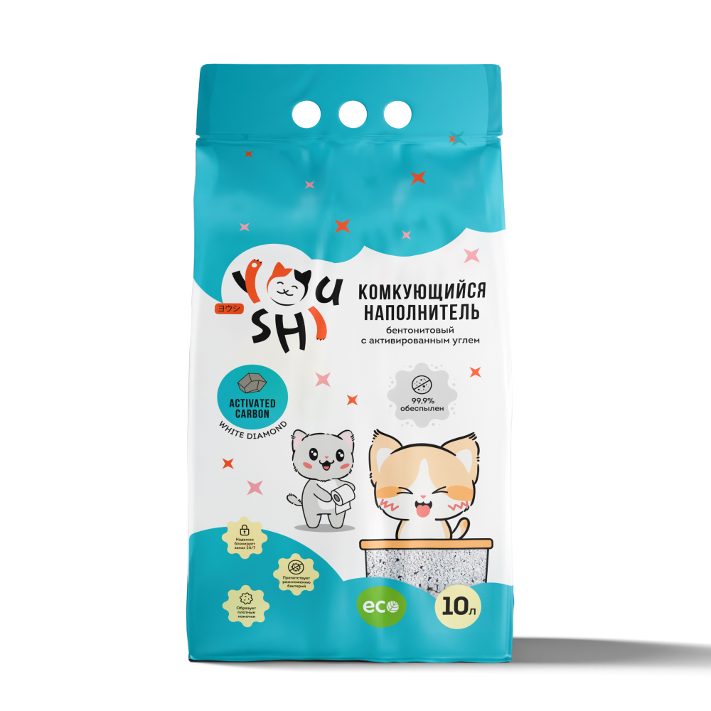 Youshi Наполнитель комкующийся из белой бентонитовой глины с активированным углем для кошачьего туалета, 10 л