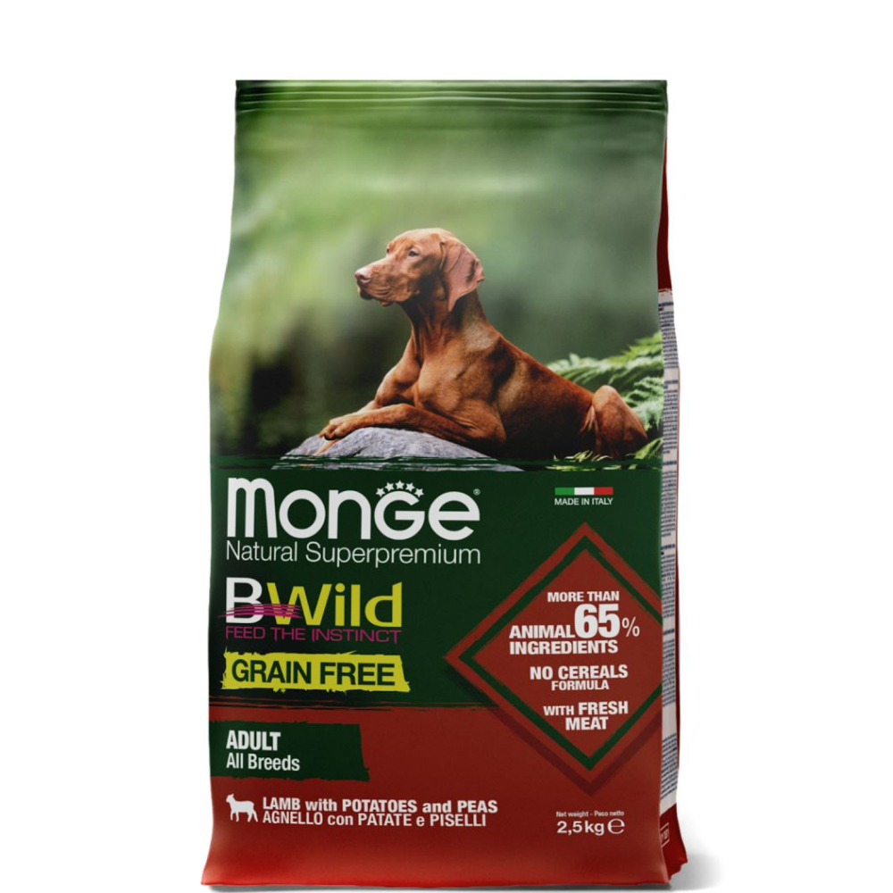 

Monge BWild Feed the Instinct Grain Free Сухой корм беззерновой для взрослых собак всех пород, с мясом ягненка, картофелем и горохом, 2,5 кг