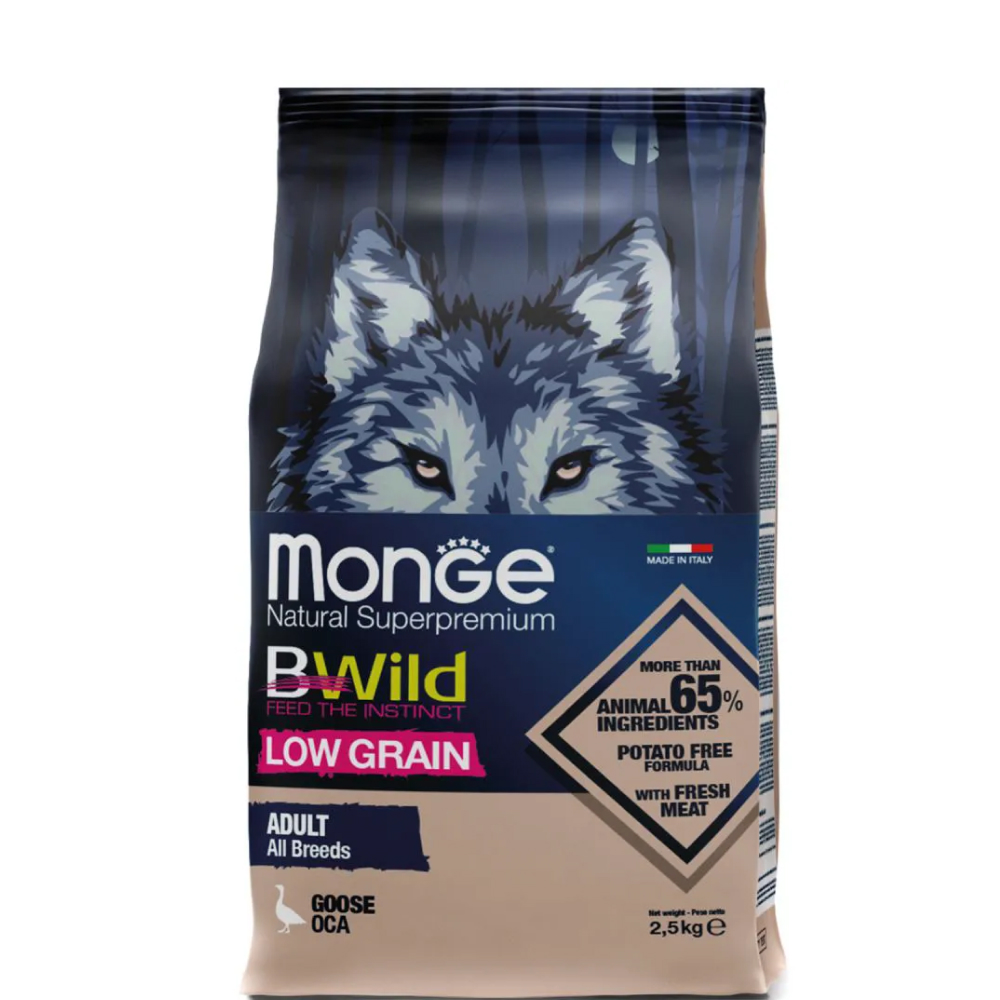 Monge BWild Feed the Instinct Low Grain Сухой корм низкозерновой для взрослых собак всех пород, из мяса гуся, 2,5 кг