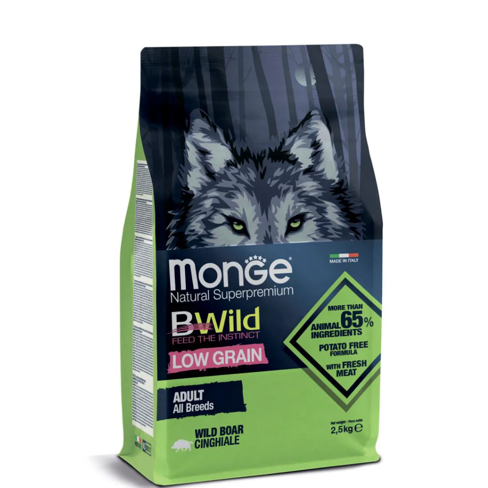 

Monge BWild Dog Adult Wild Boar Low Grain Сухой корм низкозерновой для взрослых собак всех пород, из мяса дикого кабана, 2,5 кг